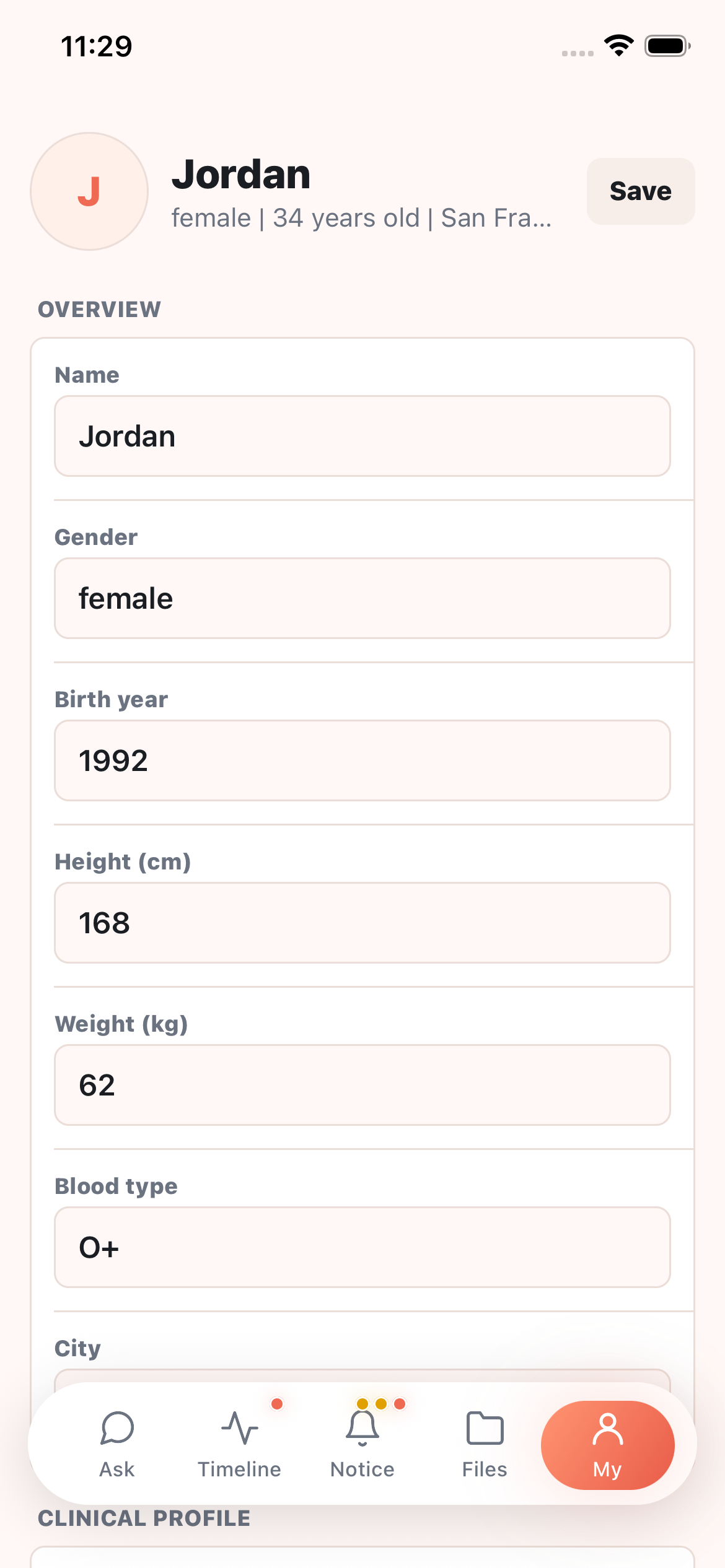 Medex My screen showing personal health profile details