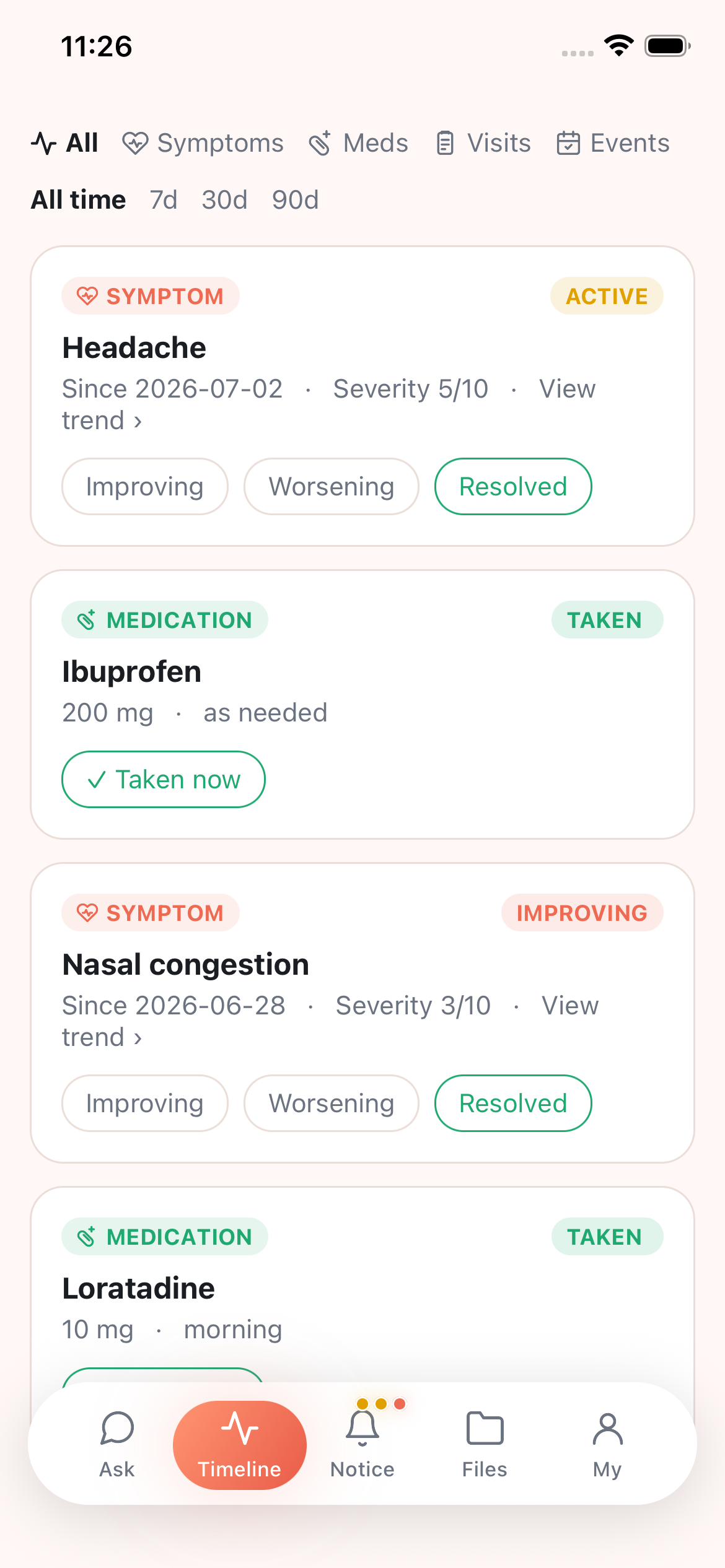 Medex Timeline screen showing symptoms and medications in one feed